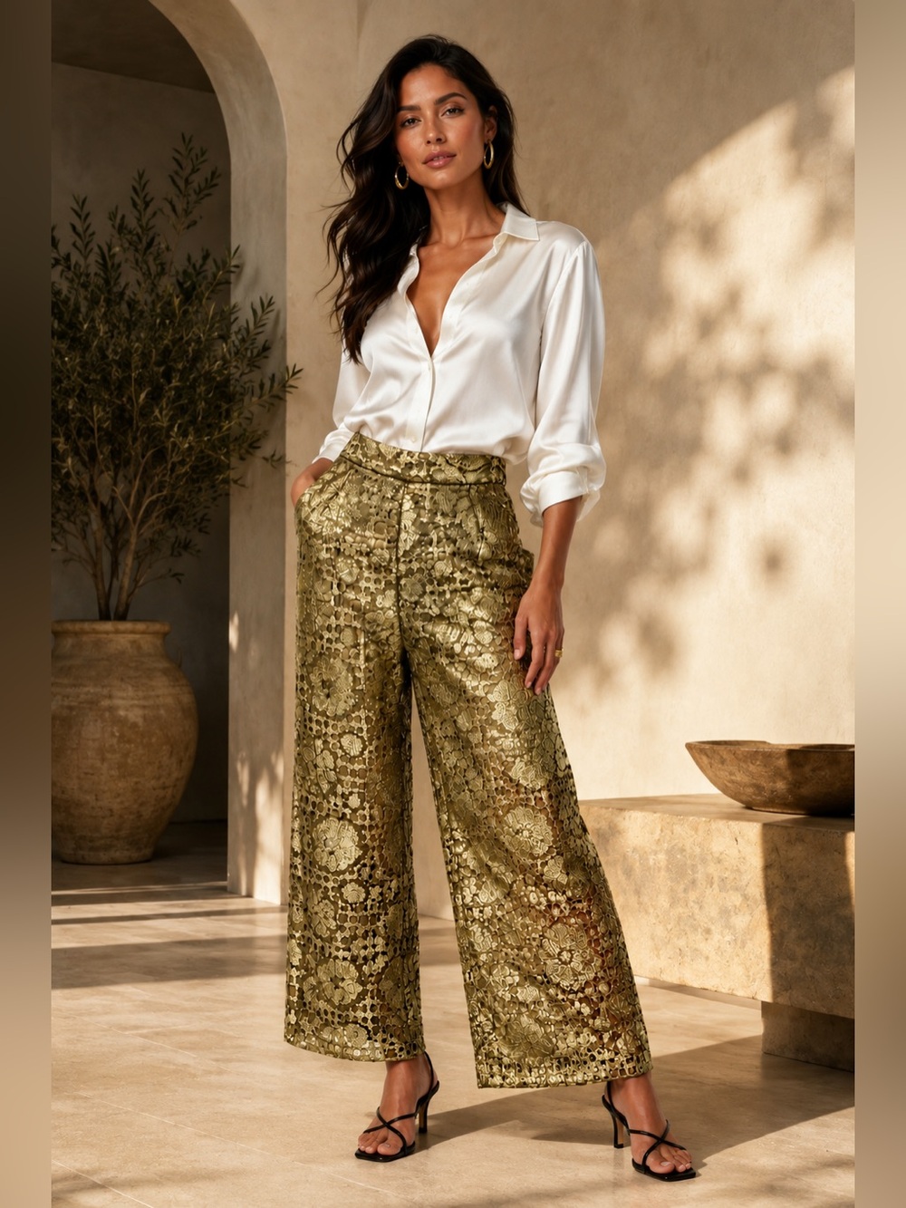 Vintage Raoul Arango Gold Metallic Lace Wide Leg Pants Size 6